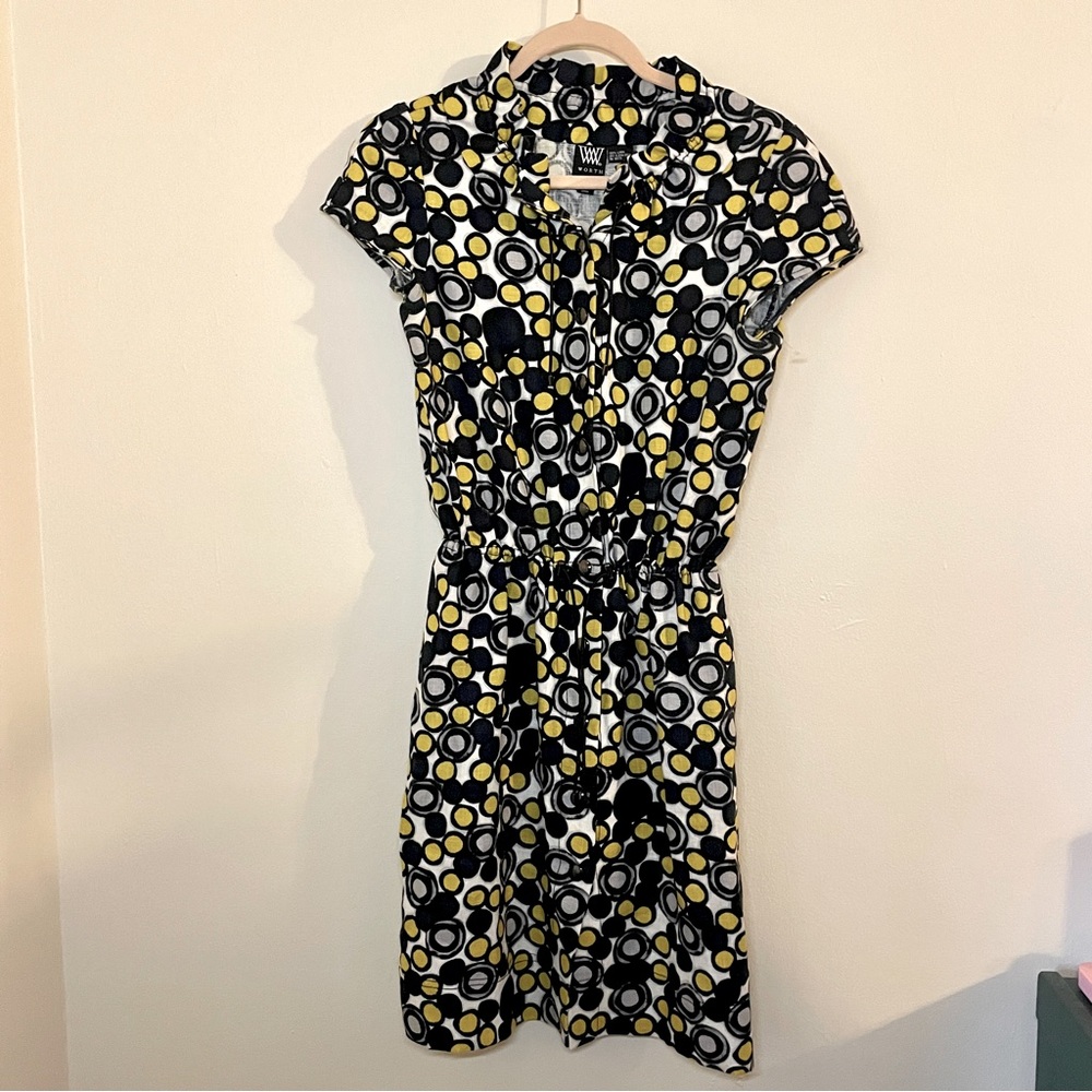 Worth | Black Yellow White Abstract Print Snap Front Linen Shirtdress Sz 2